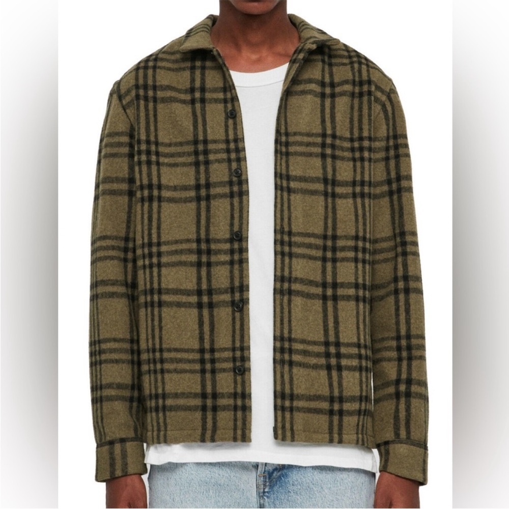 All Saints Men’s Zenith Plaid Flannel Overshirt Shirt Shacket Green Size Large